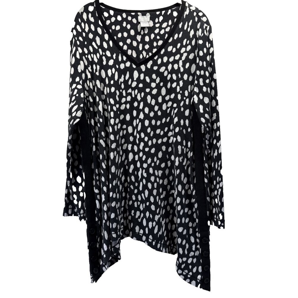 Chicos Women's Tunic Top Size Large Black White Asymmetrical Buttons Long Sleeve